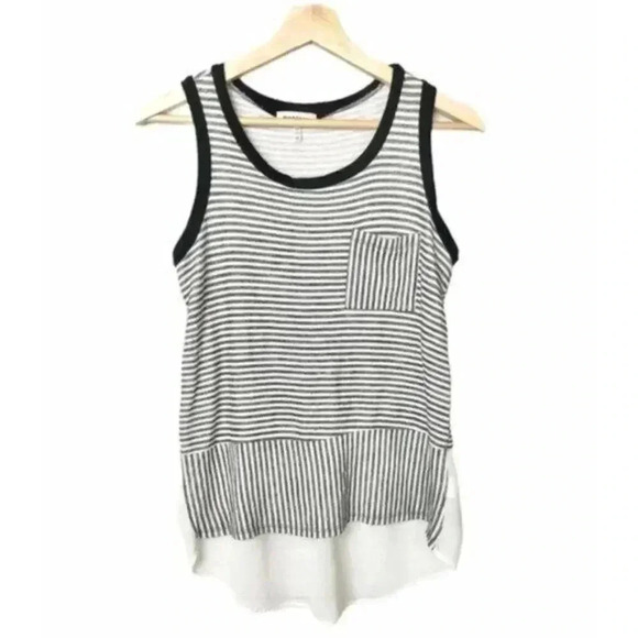 Monteau White & Black Chiffon Layered Striped Pocket Front Tank Top M - Picture 1 of 3